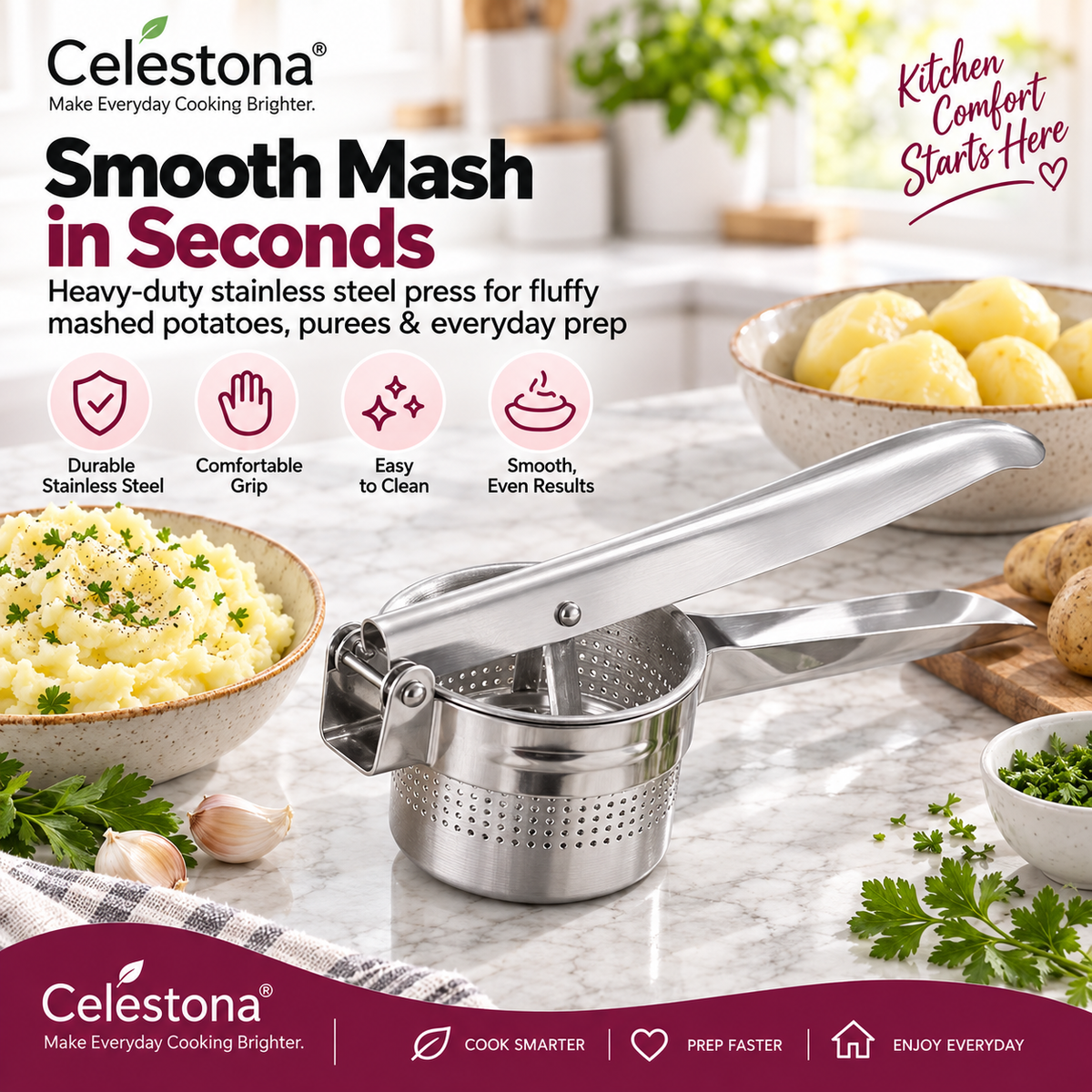 Celestona® SmoothMash Pro Stainless Steel Potato Masher
