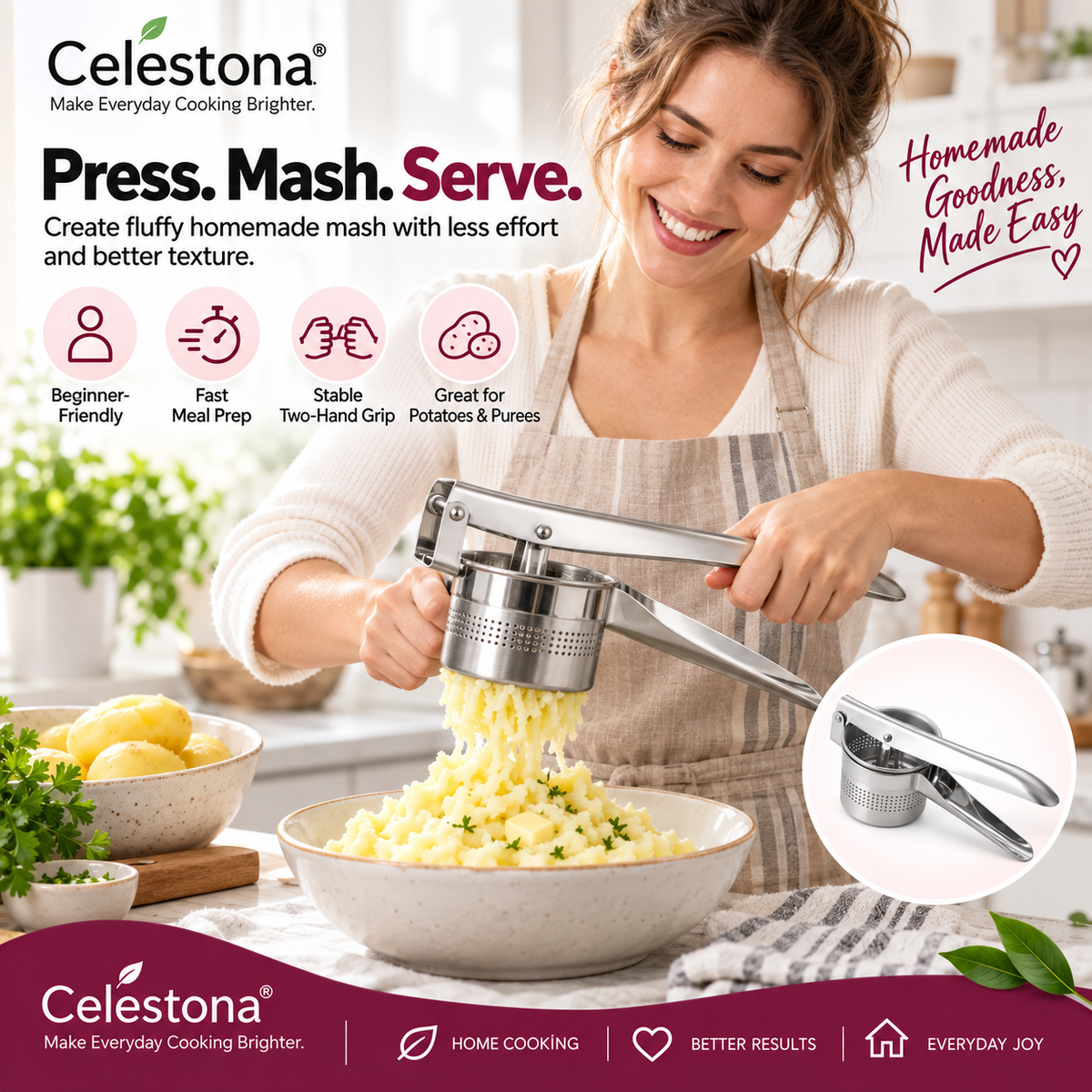 Celestona® SmoothMash Pro Stainless Steel Potato Masher