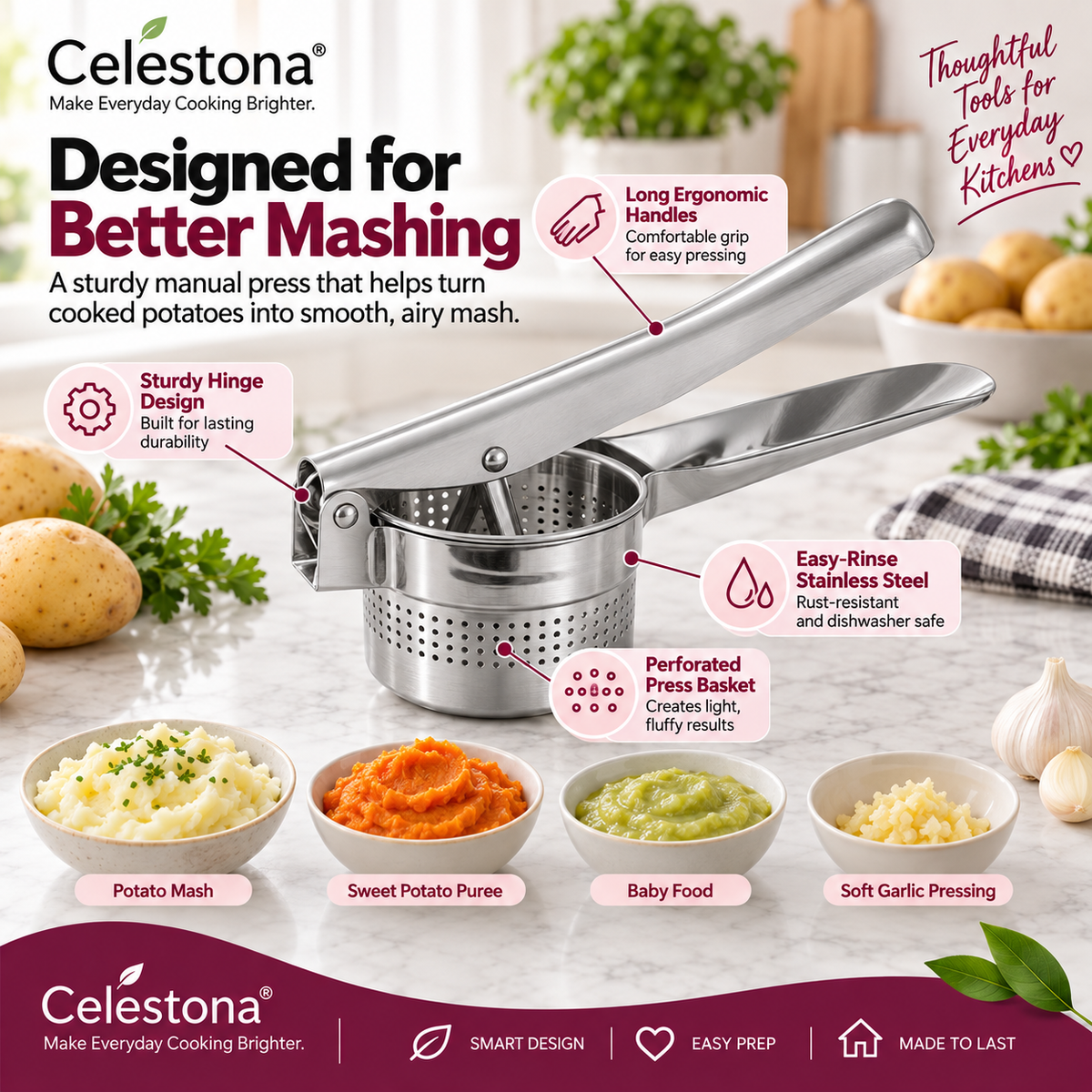 Celestona® SmoothMash Pro Stainless Steel Potato Masher